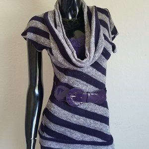 Purple and Grey Striped Belted Cowl Neck Sweater Shirt